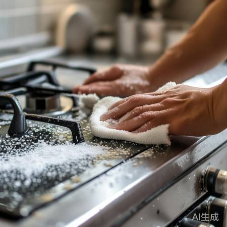 “撒盐擦灶，油垢速除”